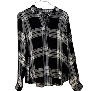 Polly & Esther Shirt with Lace Up V-Neck Black & White Buffalo Plaid Size XL